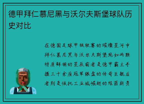 德甲拜仁慕尼黑与沃尔夫斯堡球队历史对比